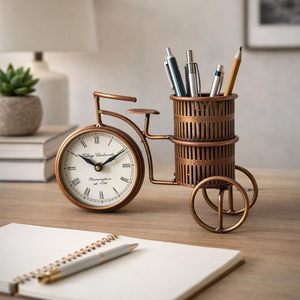 Brass Bicycle Desk Clock with <b>Pen</b> Holder Mechanical Movement Modern Design <b>Gold</b> Finish Hourly Chiming Silent Operation New Year - Product Image 4