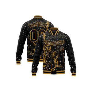 Chaqueta Varsity Negra Personalizada con Estampado Dorado de la Estatua de la Libertad, Nombre y Número Personalizados para Hombre, Cierre Frontal con Cremallera, Estilo Casual Otoñal - Product Image 1