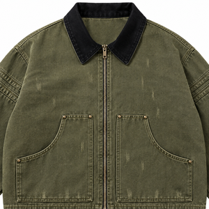 Veste chemise zippée en toile olive délavée style workwear pour homme, col rabattu - Product Image 3