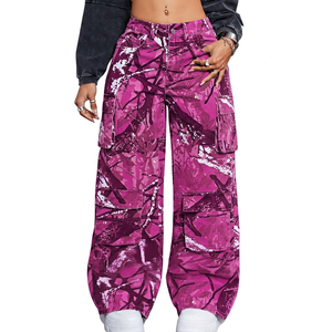 Pantalones Cargo Morados Estampados de Cintura Alta para Mujer, Estilo Urbano Holgado, Largos, con Múltiples Bolsillos, Transpirables, de Poliéster - Product Image 1