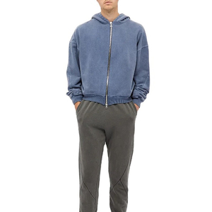 Unisex Blue Cotton Hooded Zipper Sweatshirt Regular Fit Casual Autumn Style French Terry Knitted Full Zip Hoodie - Product Image 2