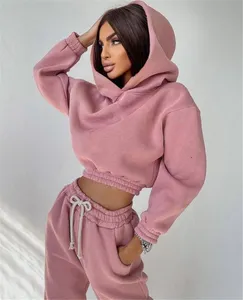Ensemble de survêtement à capuche uni pour femme, manches longues, pantalon à cordon de serrage, coupe décontractée, vêtement d'automne, 100 % coton, design respirant - Product Image 5