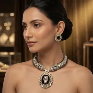 Collier ras du cou tendance en laiton plaqué or 18 carats, avec pendentif Polki double multicolore naturel, idéal pour mariage indien, ensemble de mariée, soirée, Bollywood - Product Image 1