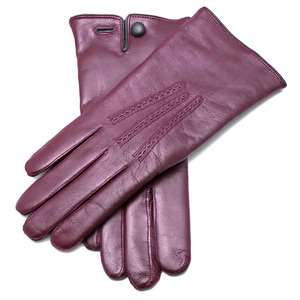 Womens Burgundy Sheepskin Thermal Handmade Glove Dark Green Trim Soft Winter Full Finger Elegant Driving Gloves Warm Lined - Product Image 1