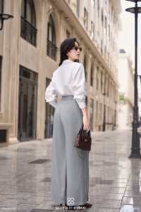 Pantalones de mujer de cintura alta y pierna recta con cinturón incorporado GLORY, cierre de cremallera tejido con remaches, antiarrugas, Spandex/Poliéster - Product Image 2