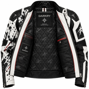 DARKRY Chaqueta de moto para hombre, de cuero sintético, con cuello alto, estampado de anime en blanco y negro, corte ajustado, estilo motero - Product Image 5