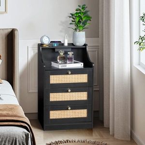 FCH Nightstand with <b>Gold</b> Tapered Handle 45*35*73cm Black Particle Board Rattan Three Drawers <b>Bedside</b> <b>Table</b> with Triamcinol Matt" - Product Image 1