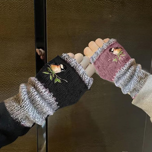 Guantes de invierno sin dedos con patrón de pájaros bordados personalizados, calentadores de brazos tejidos cálidos al por mayor, mitones de medio dedo para mujer - Product Image 6