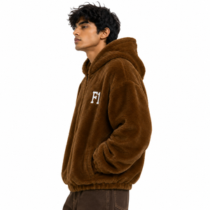 Sweat-shirt à capuche zippé en polaire Sherpa pour hommes, coupe oversize texturée douce, logo brodé, vêtements d'hiver, vente en gros, USA - Product Image 3