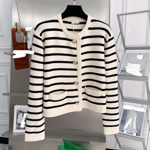 <b>Women's</b> Striped Knit <b>Cardigan</b> Crew Neck Full Sleeve <b>Crop</b> Length Button Closure Nautical Style 100% Acrylic Autumn Wear - Product Image 4