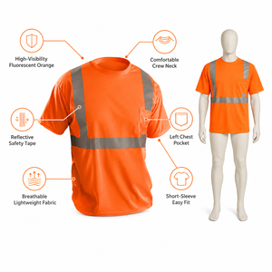 T-shirt à manches courtes personnalisé en orange fluorescent et argent réfléchissant pour hommes, avec poche poitrine, vêtements de travail haute visibilité, t-shirts personnalisés - Product Image 5