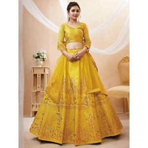ชุดเดรสผ้าไหมสีเหลืองสวยงามชุดเดรส lehenga choli ขนาด dupatta XS ประดับด้วยเลื่อม - Product Image 6