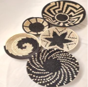 Handcrafted round natural rattan <b>drink</b> <b>coasters</b> with blue floral porcelain center insert, available at wholesale prices. - Product Image 2