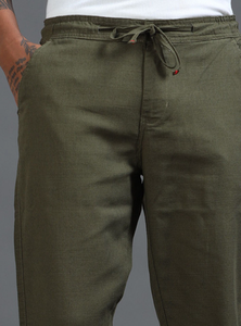 Premium Cotton <b>Trousers</b> For <b>Men</b> Green Solid Relaxed Fit Mid Rise Regular Pants With Four Pockets <b>Elasticated</b> Waistband - Product Image 3