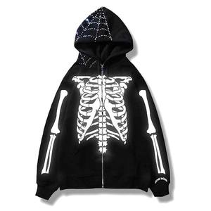 เสื้อฮู้ดซิปสไตล์สตรีทผ้าคอตตอนผสมสำหรับผู้ชาย แต่งลายปักแบบดิสเทรส ประดับด้วยคริสตัลแบบฮอตฟิกซ์ พร้อมดีเทลล้างสี - Product Image 5