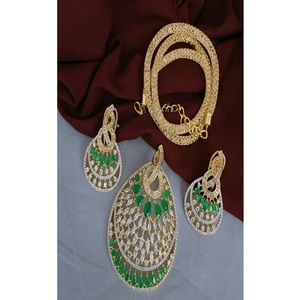 <b>Charming</b> Premium Quality Gold Plated Zircon Stones Look Brass Strand Pendant Necklace Set Earrings Trendy <b>Wedding</b> Wear Women - Product Image 1