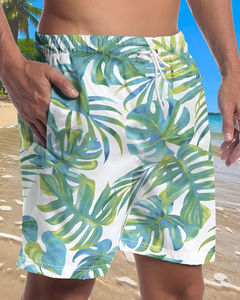 Men's Tropical Leaf Print Board Shorts Eco-Friendly Breathable Quick Dry Elastic Waist Casual Swim Trunks for Beach Summer - Product Image 2