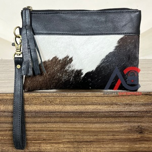 New Personalized Hair On Cowhide Leather Tassel Zipper <b>Purse</b> for Women's Western Real Genuine Leather Clutch With Hand Wristlet - Product Image 1