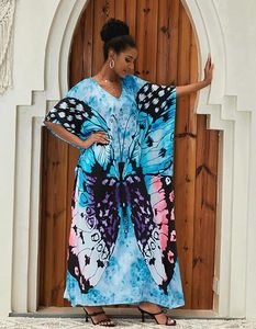 V Neck Maxi <b>Abaya</b> Dress Butterfly Pattern Loose Fit Short Sleeve Flared Hem Polyester Women's Beach Summer Bohemia Style Daily - Product Image 5
