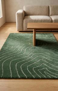 Alfombra de Lana Hecha a Mano de Color Verde Oliva, Antideslizante, con Diseño Abstracto para Decoración de Sala de Estar - Product Image 3
