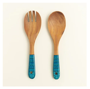 Cuchara de servir de madera con diseño turquesa impreso en los mangos, vajilla ecológica para catering - Product Image 1