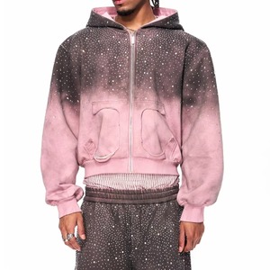 Sudadera con capucha para hombre, de algodón 100%, con cremallera, estilo urbano, con efecto desgastado y rotos, color rosa, con pedrería, OEM ODM - Product Image 1