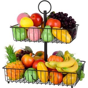 Support à fruits en fil métallique noir résistant à la rouille, à 2 niveaux, avec paniers supérieur et inférieur. Parfait pour les comptoirs de cuisine et la salle à manger. - Product Image 6