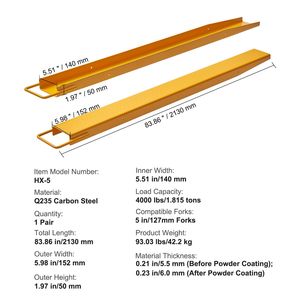 Estensioni per Forche da Pallet in Acciaio al Carbonio Resistenti da 84 Pollici, Larghezza 5,5 Pollici, Capacità di Carico Nominale 5 Tonnellate, 1 Paio di Estensioni per Carrelli Elevatori - Product Image 3