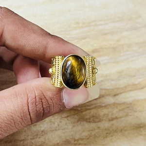 Statement Design <b>Tiger</b> <b>Eye</b> Brass Gemstone <b>Ring</b> Gold Plated Leaf Texture Tribal Vintage Style Chunky Handmade Wholesale Womens - Product Image 6
