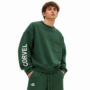 Ensemble de sweats à capuche et pantalons à jambes larges personnalisés, imprimés, à col ras du cou, avec poche poitrine, en coton épais, tenue décontractée de luxe - Product Image 4