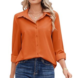 <b>Women</b> Polyester Chiffon Rust <b>Orange</b> Long Sleeve Office Blouse with Classic Button Front and Relaxed Dress Work Fit - Product Image 1