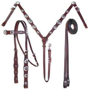Ensemble de têtière, collier de poitrée et rênes en cuir véritable pour cheval, style western, avec concho étoile argentée gravée à la main, ensemble d'équipement durable pour l'équitation - Product Image 1