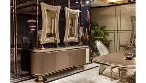 Ensemble de table à manger moderne de luxe en teck massif écologique avec 6 chaises, piédestal bronze champagne, design contemporain pour villa - Product Image 5