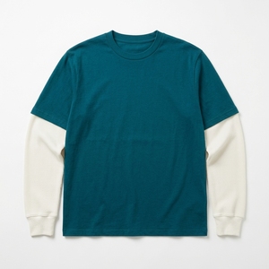 เสื้อยืดแขนยาวผู้ชาย สีเขียวอมฟ้า คอกลม ลำลอง ผ้าถัก 100% คอตตอน ทรงโอเวอร์ไซส์ ตัดต่อสีแบบกำหนดเองได้ - Product Image 1