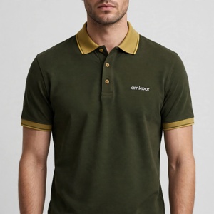 Chemise en piqué de coton Amkoor pour homme, manches courtes, couleur unie, logo brodé, tenue décontractée, coupe classique, respirante, tricotée 200g - Product Image 1