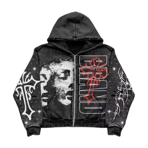 Manufacturer Custom Unisex Rhinestone 100% Cotton Fleece Heavyweight 350g Winter Embroidered <b>Hoodie</b> <b>Zip</b> <b>Pocket</b> Acid Wash High - Product Image 3
