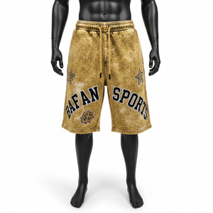 กางเกงขาสั้นผ้าฝ้ายฟลีซพรีเมียม 340 GSM ล้างสีแบบแอซิดวอช สีมัสตาร์ด แต่งโลโก้ปักเชนิลล์สไตล์วินเทจสำหรับผู้ชาย - Product Image 1