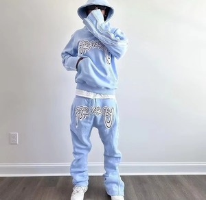 ชุดวอร์มเฟรนช์เทอร์รี่ทรงโอเวอร์ไซส์แบบมีซิปด้านข้างที่แขนเสื้อ กางเกงวอร์มขาบานทรงสปอร์ตสองชิ้นสำหรับผู้ชาย - Product Image 1