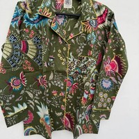 Ensemble 3 pièces pour femme indienne en coton, imprimé floral numérique, respirant, vintage, boutonné, vert, décontracté, manches courtes, été-automne