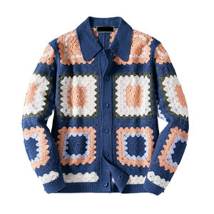 <b>Crocheted</b> Patchwork <b>Cardigan</b> Full Sleeve Button Closure Autumn Style Knit Sweater Blue Orange <b>White</b> Pattern - Product Image 4