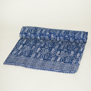 Handmade Vintage Fluffy Indigo Block Printed Cotton Kantha <b>Quilt</b> Reversible Bedspread for Hotel Use Home Decor <b>Throw</b> Blanket - Product Image 3