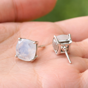 Aqua Chalcedony Cushion <b>Stud</b> <b>Earrings</b> 8x8mm Faceted Gemstone Prong <b>Set</b> Handmade Minimalist Gold Jewelry Gift for Women - Product Image 6