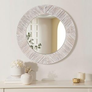 Handcrafted <b>Round</b> Whitewashed Wooden <b>Wall</b> <b>Mirror</b> Rustic Farmhouse Decorative Accent <b>Mirror</b> for Living Room Bedroom Entryway Bath - Product Image 1