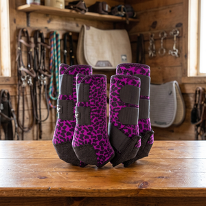 Bottes de protection pour chevaux TOUGH TACK TT-HSB-4, imprimé léopard rose, style course personnalisé, néoprène, fermeture auto-agrippante, légères et luxueuses - Product Image 2