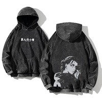Hoodie Cetak Anime Gaya Jepang OEM, Gaya Streetwear, Hoodie Acid Wash, 100% Katun French Terry, Hoodie Oversize Longgar