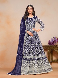 Traje Anarkali Moderno Bordado en Tela de Red, Semi-Cosido, para Bodas y Fiestas Diwali, Largo hasta el Suelo - Product Image 3