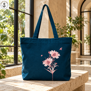 Bolsa de Lona Azul Turquesa con Estampado Floral Botánico Rosa |   Bolso de hombro para uso diario con asas largas y arte floral natural - Product Image 4