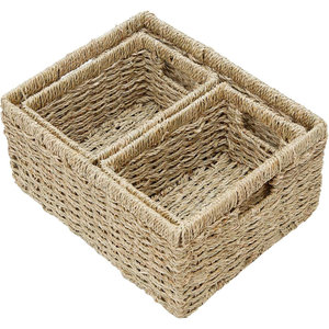Set of 3 Handwoven Seagrass <b>Wicker</b> Storage <b>Baskets</b> <b>with</b> <b>Handles</b> for Shelves, Pantry, and Toilet Paper Storage - Product Image 1