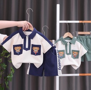 ชุดเสื้อยืดโปโลผ้าฝ้ายสำหรับเด็กแขนสั้นปักลายหมีกระเป๋าสีฟ้าสีขาวชุดลำลองสองชิ้น - Product Image 5