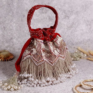 <b>Beaded</b> Velvet Soft Eco-Friendly Bucket Handbag with Pearl Fringe <b>Magnetic</b> Closure for Evening Party - Product Image 1
